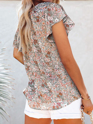Floral print V-neck loose elegant pullover chiffon shirt