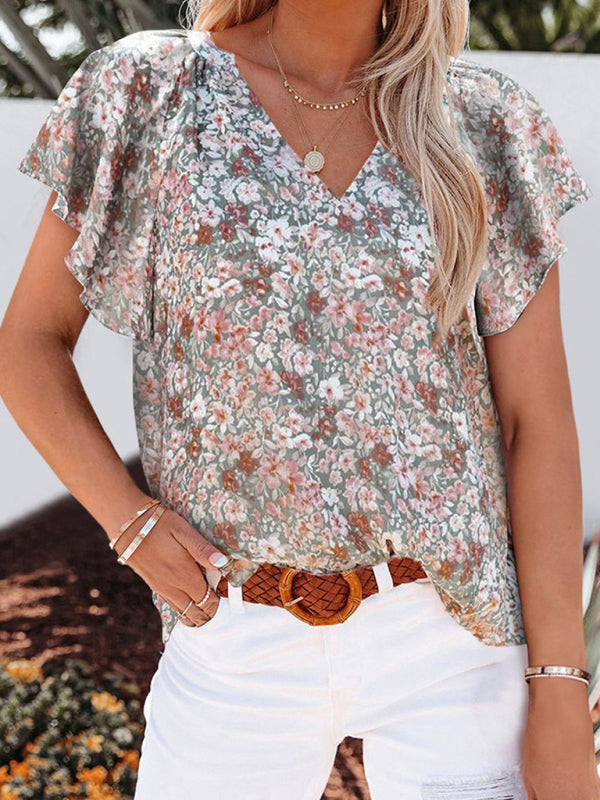 Floral print V-neck loose elegant pullover chiffon shirt