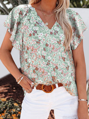 Floral print V-neck loose elegant pullover chiffon shirt