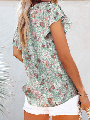Floral print V-neck loose elegant pullover chiffon shirt