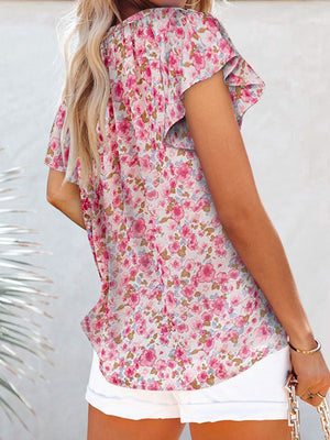 Floral print V-neck loose elegant pullover chiffon shirt