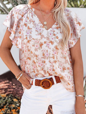 Floral print V-neck loose elegant pullover chiffon shirt