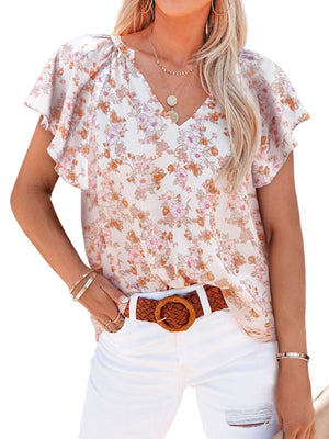 Floral print V-neck loose elegant pullover chiffon shirt