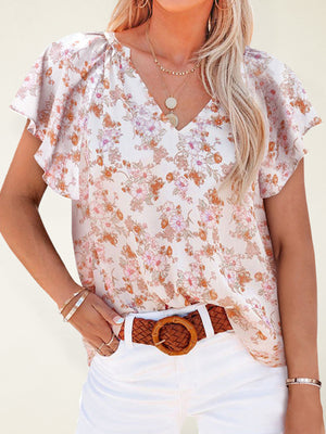 Floral print V-neck loose elegant pullover chiffon shirt