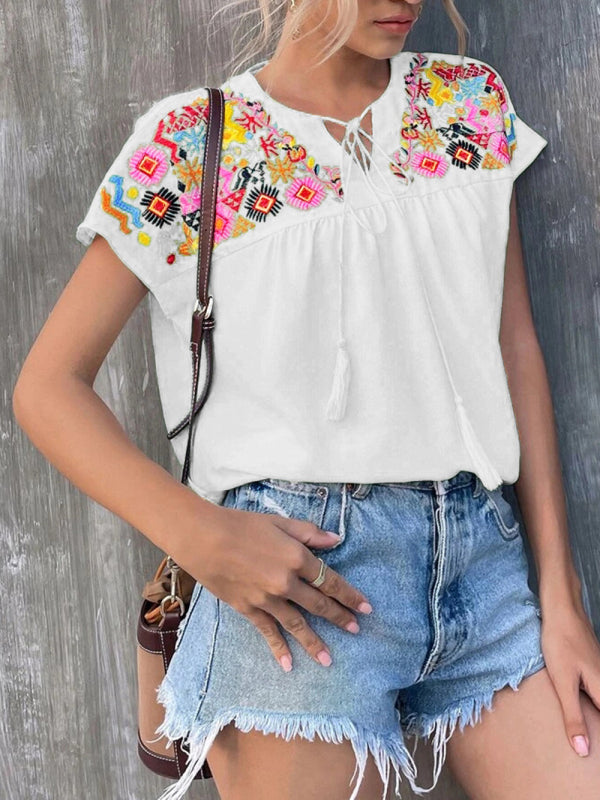 Women's Embroidered Tassel Tie Top