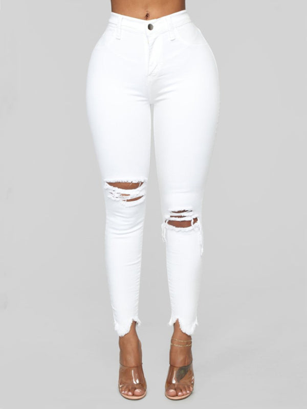 Women's High Waist Chew Hem Ripped Ankle Cigarette Jeans