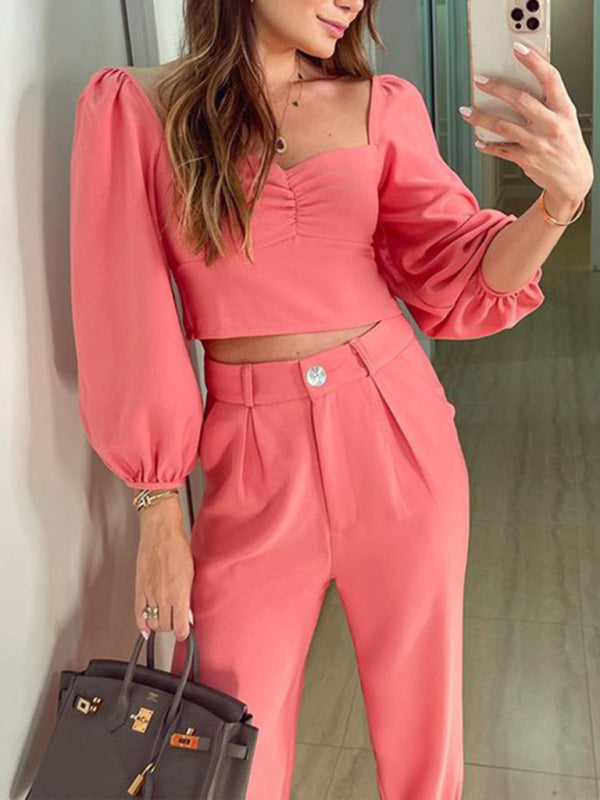 Women's Solid Color Ruched Neckline Chiffon Blouse With Matching Pants Two Piece Set