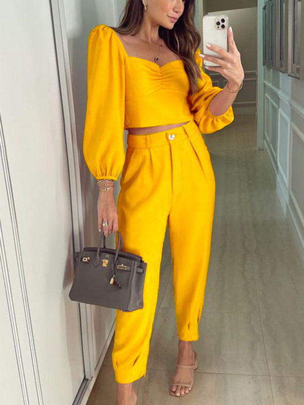 Women's Solid Color Ruched Neckline Chiffon Blouse With Matching Pants Two Piece Set